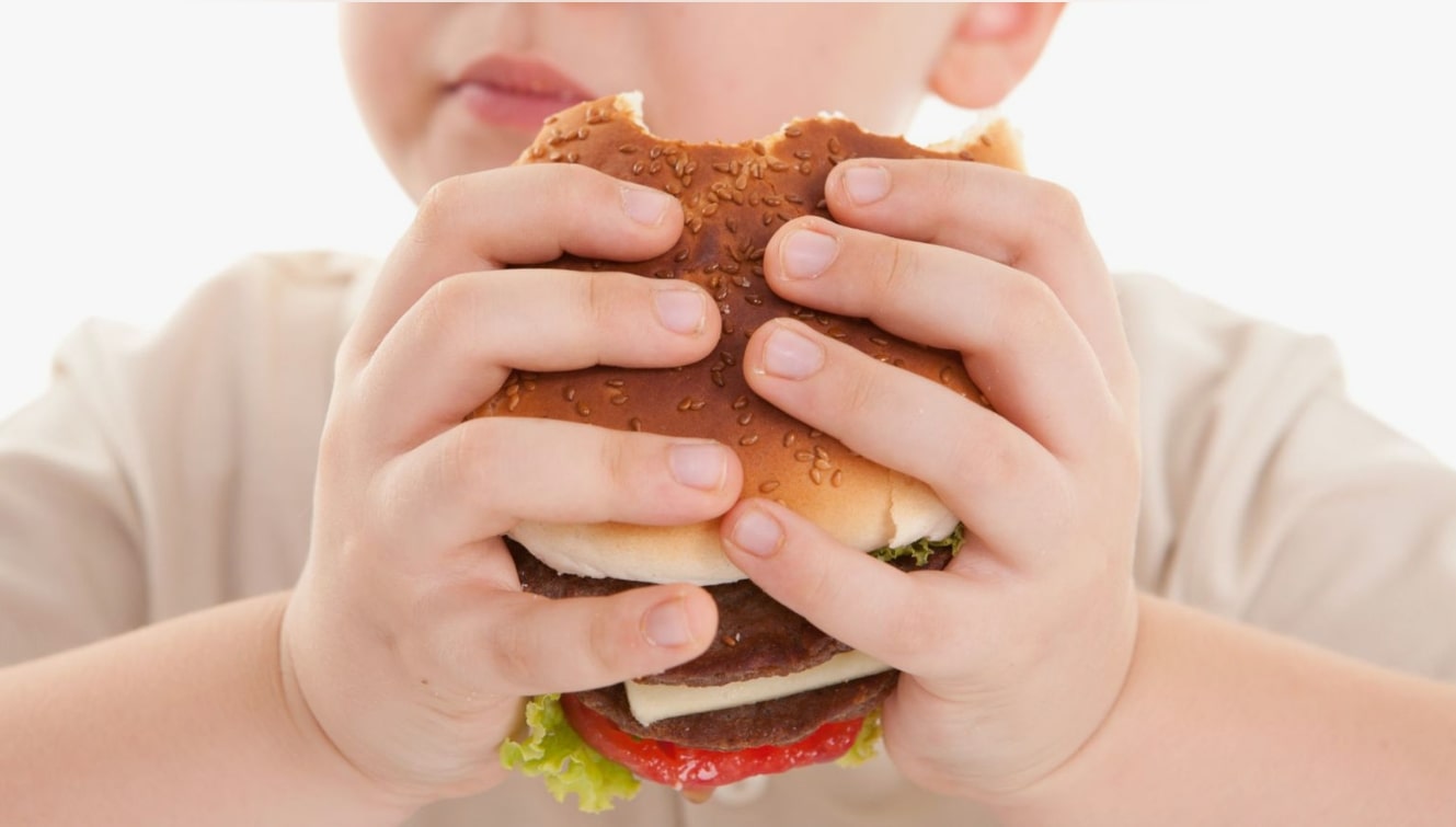 소아비만 원인 관련 햄버거를 먹는 아이 모습