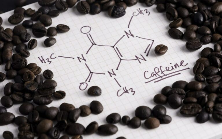 어린이 카페인 섭취 관련 종이 위에 카페인 관련 수식들이 적혀 있고 주변에 커피 콩이 놓여진 모습